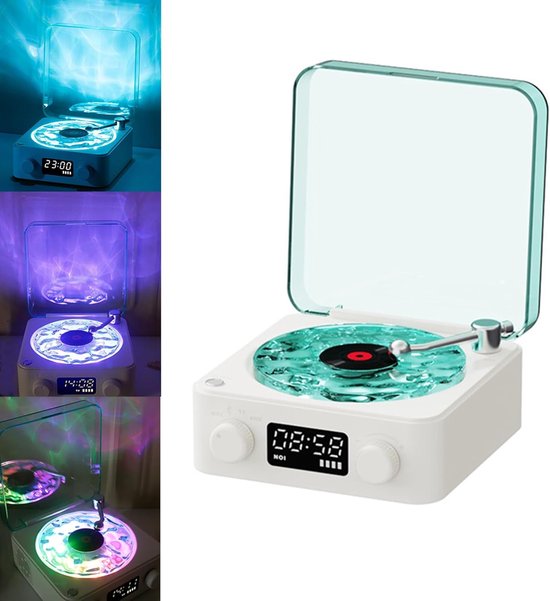 Plattenspieler Waves Bluetooth-lautsprecher Tragbarer Vintage-vinyl-lautsprecher Mit Einstellbarer Beleuchtung Und Zeitanzeige Für Schlafzimmer Weiß
