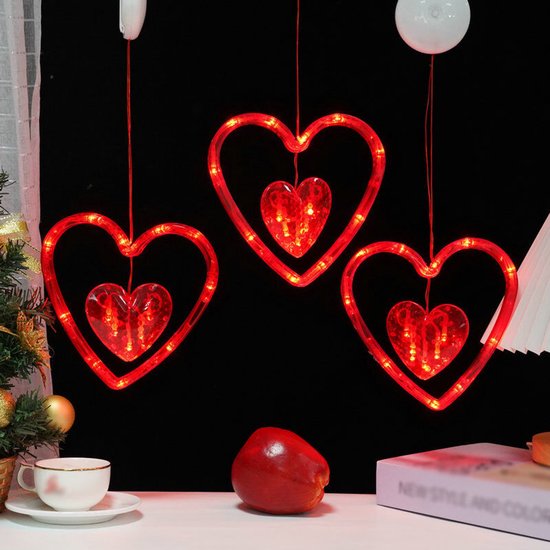 Valentinstag-fensterlichter Set Mit 3 Hängenden Roten Herzförmigen Lichtern Mit Timerfunktion Batteriebetrieben Perfekt Für Die Fensterdekoration