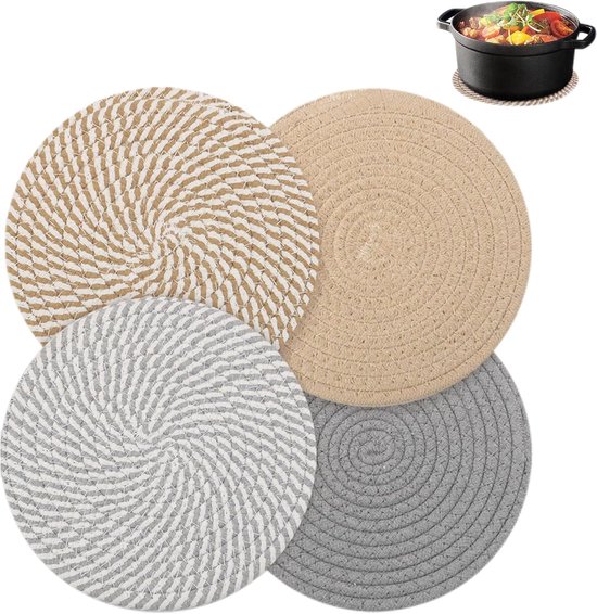 Set Mit 4 Geflochtenen Baumwolluntersetzern / Topfuntersetzern (ø 20 Cm), Hitzebeständig, Rutschfest Und Dekorativ, In 4 Naturfarben