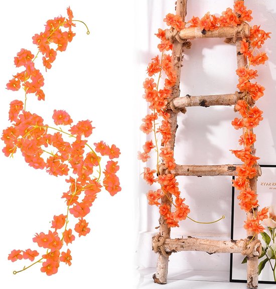 2-teiliger Kirschblütenkranz, Orangefarbener Kunstblumenkranz (1,8 M), 135 Kirschblüten, Künstliche Seidenblumen Für Zuhause, Garten, Hochzeit