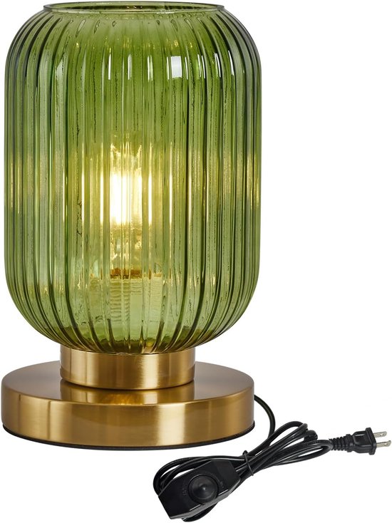 Mid-century Modern Kugelförmige Glas-tischleuchte – Dimmbare Grüne Kürbislampe (geripptes Glas)