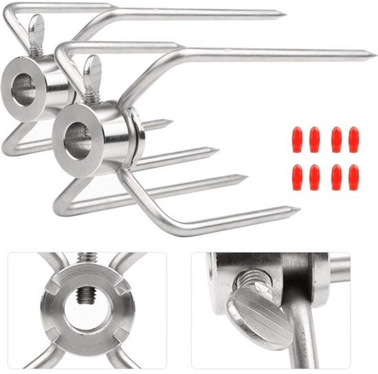 Fleischzangen Für Den Drehspieß – Fleischspieße Aus Edelstahl Mit Einem Durchmesser Von 12,5 Mm, Mit Feststellschraube Und Roter Schutzkappe