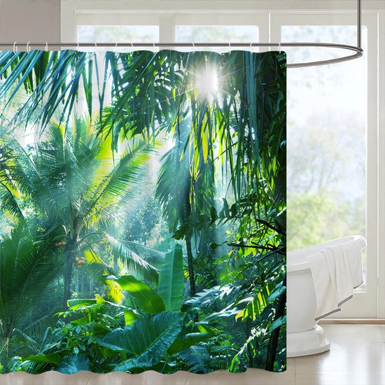 Duschvorhang „wald“ (180 X 180 Cm) Mit Tropischem Regenwaldmotiv Und Grünen Palmen, Aus Wasserdichtem Polyester, Waschbar.
