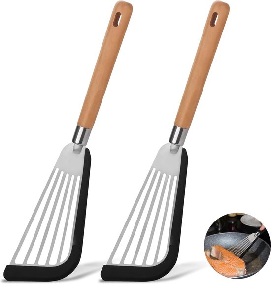Küchenspatel-set Mit 2 Teilen, Mit Holzgriff Und Silikonkopf, Hitzebeständiges Küchenutensil, Zum Kochen Von Fisch, Eiern, Steaks Und Pfannkuchen