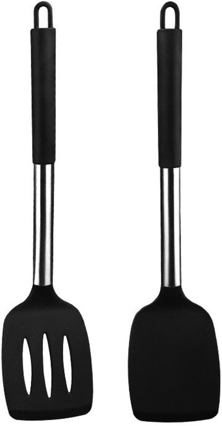 Set Mit 2 Silikonspateln Mit Edelstahlgriff – Massiver Und Perforierter Spatel, Hitzebeständig Und Antihaftbeschichtet Zum Kochen Und Braten