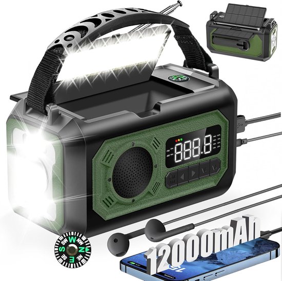 Radio 12000 Mah Am Fm-solarradio Mit Handrad 2 Solarzellen Usb-kabel 3 Lademöglichkeiten Sos-alarm Taschenlampe Handy-ladegerät Kompass Und