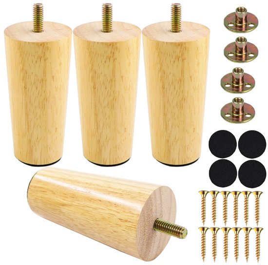 Anschraubbare, Konische Holzmöbelfüße 12 Cm – Inklusive Schrauben Und Montageplatten Für Betten Und Sofas