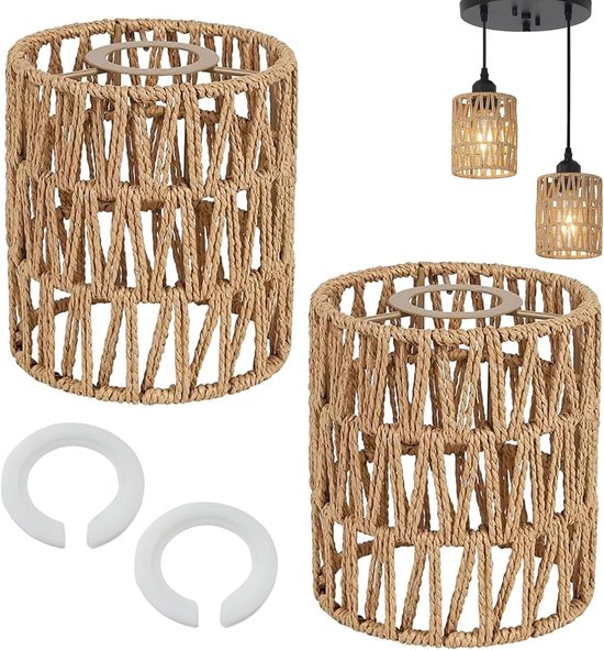Set Aus 2 Handgewebten Rattan-lampenschirmen – Boho-stil – Geeignet Für E27- Und E14-wandlampen, Pendelleuchten, Stehlampen Und Kronleuchter