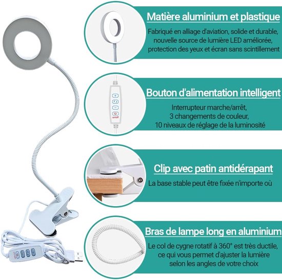Klemmleuchte Bürolampe 3 Beleuchtungsmodi Klemmleseleuchte Zum Lesen Und Arbeiten Mit Usb-ladegerät Um 360 Grad Drehbarer Lichtarm Energieklasse