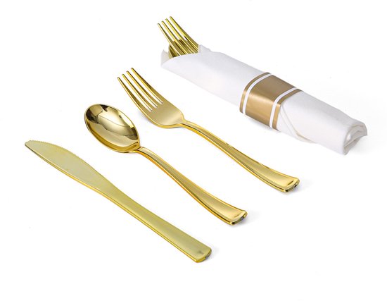 Set Mit 25 Goldfarbenen Kunststoffbesteckteilen, Inklusive Servietten, Vorgerollten Servietten Und Besteck, Ideal Für Valentinstag, Muttertag Und Ostern.