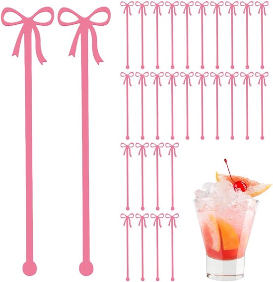 Rührstäbchen Mit Schleife, 30 Stück, Rosa, Acryl, Rührstäbchen, Cocktailrührstäbchen Für Geburtstag, Hochzeit, Feiertag, Party, Dekoration