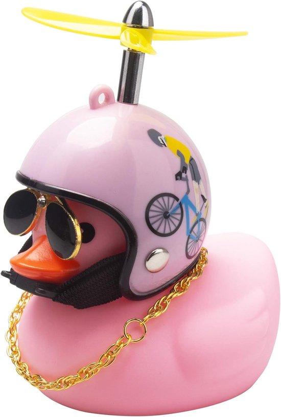 Auto-armaturenbrettdekoration In Rosa Ente, Auto-anhänger Aus Gummiente, Coole Ente Mit Propellerhelm, Sonnenbrille, Goldkette (rosa Fahrrad)