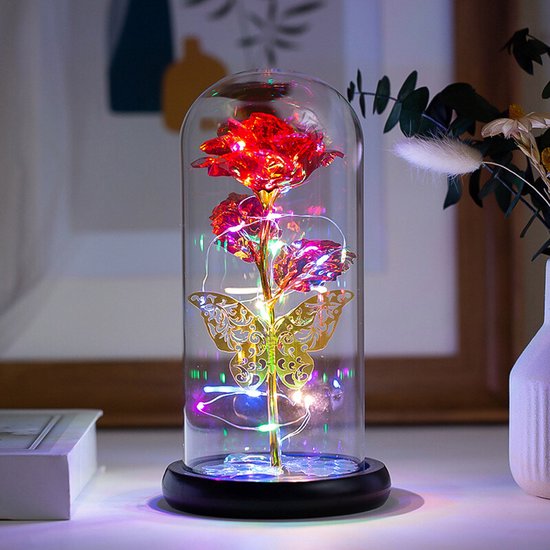 Glitzernde Schmetterlings-led-lampe „forever Rose“ In Glaskuppel, Geschenkidee – Rot