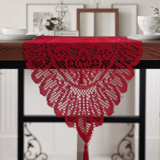 Tischläufer, 33 X 137 Cm Roter, Bestickter Tischläufer Mit Spitzenquasten, Geeignet Zur Tischdekoration.