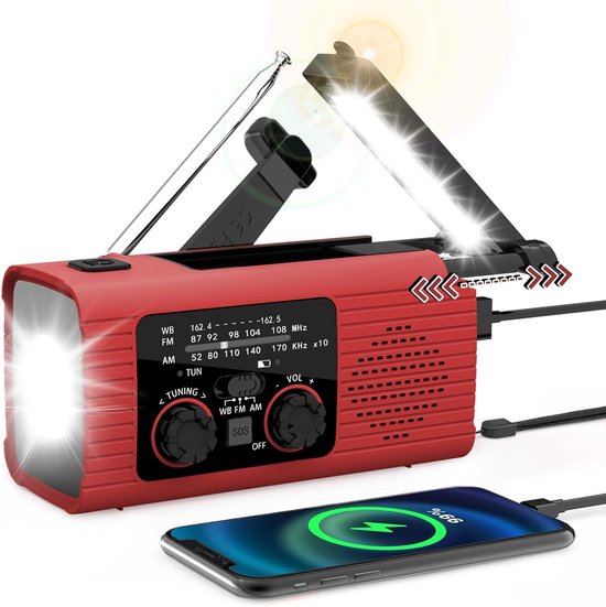 Notradio – Tragbares Notradio – Kurbel-solar-notradio – Wetterradio – Powerbank 2000 Mah – Rot