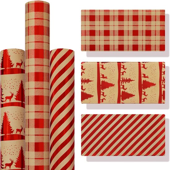 3 Rollen Weihnachtsverpackungspapier 43×300cm Rotes Kraftpapier, Recycelbar, Für Weihnachten, Neujahr Und Feiertage