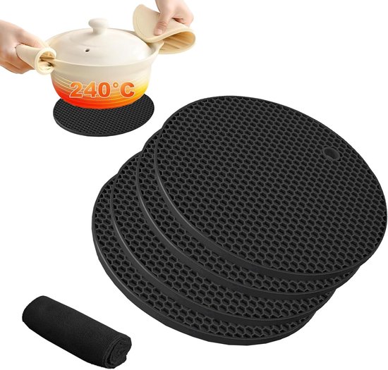 4er-set Silikon-untersetzer / Topfuntersetzer (18 Cm, 6 Mm), Hitzebeständig Bis 240 °c, Rutschfest Und Spülmaschinenfest, Schwarz