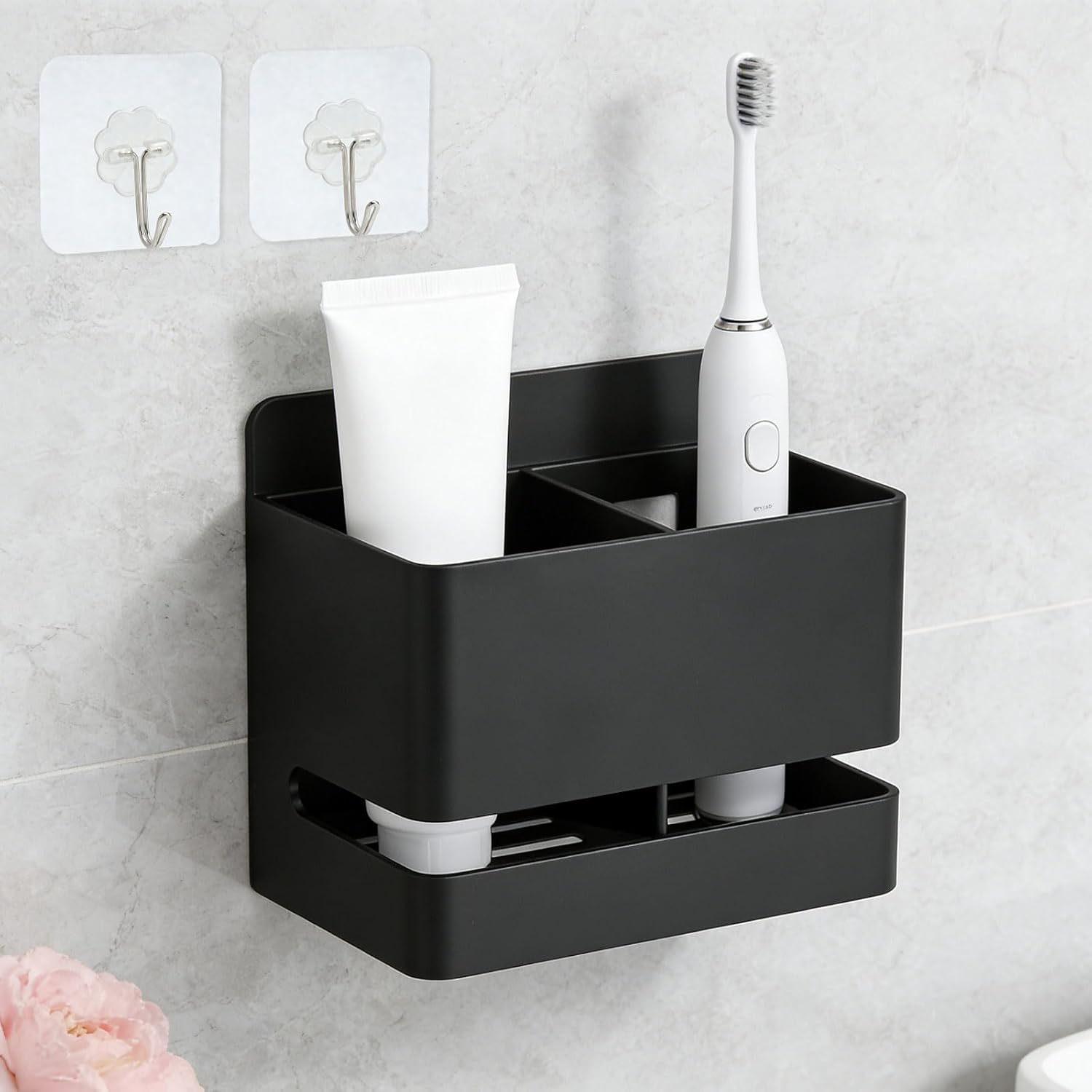 Schwarzer, Wandmontierter Zahnbürstenhalter Aus Aluminium, Badezimmer-organizer Mit 2 Fächern Und 2 Transparenten Haken, 11 X 7 X 9,8 Cm, Kein Bohren Erforderlich