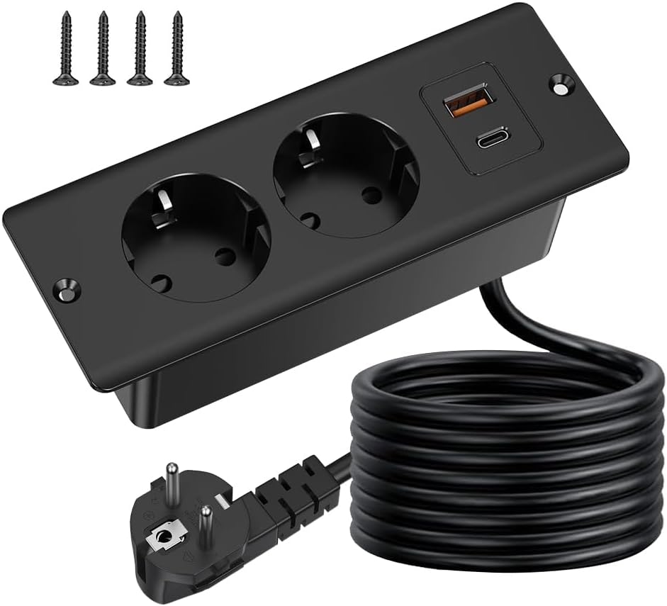 Einbau-steckdosenleiste Mit Usb- Und Typ-c-anschluss, 4-in-1, 2 Steckdosen, Einbau-tischplatte Mit 2 M Kabel, Büro-steckdosenleiste, Schwarz