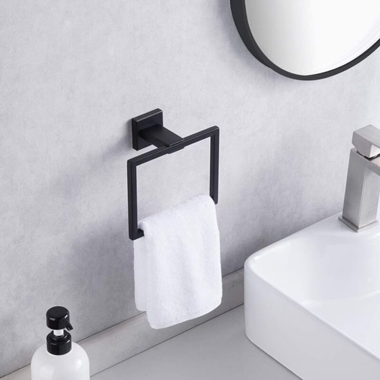 Set Aus 2 Toilettenpapierhaltern Und Handtuchringen, Schwarzes Badezimmer Accessoire Set, Quadratischer Handtuchring, Schwarz, Papierhandtuchhalt
