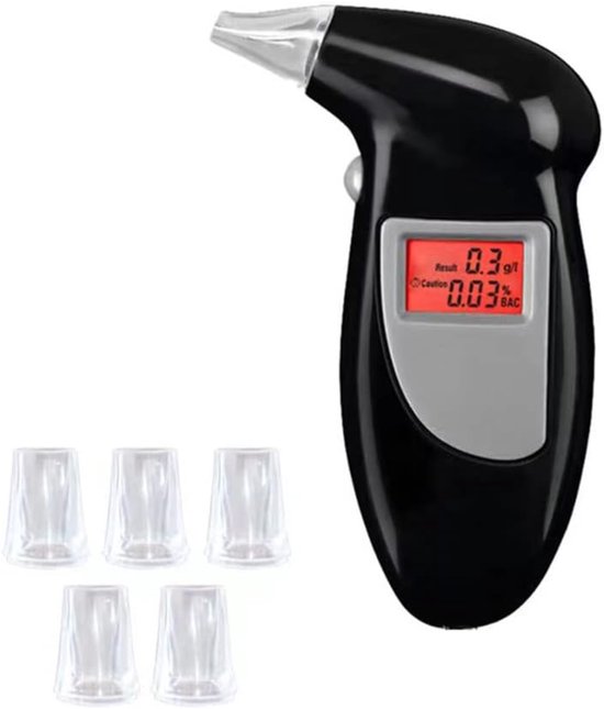 Blutalkoholmessgerät – Mit 5 Mundstücken – Alkoholtester – Reichweitenmessung – Schnelle Messung – Atemalkoholtester – Schwarz