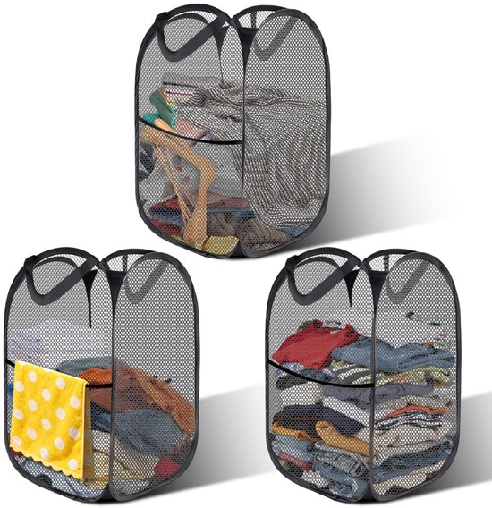 3x Faltbarer Wäschekorb 36x36x58 Cm – Pop-up-wäschekorb Schwarz – Tragbarer Wäschekorb Aus Netzgewebe Für Bad Und Camping