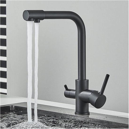 Küchenarmatur – 3-wege, Trinkwasser, Doppelschraubgewinde, 3-in-1, 360° Drehbar, Edelstahl Sus304, Mattschwarz