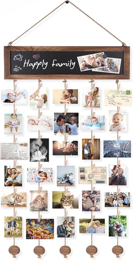 Fotocollage Hängende Fotowand Rustikaler Holzrahmen Ideal Für Wand Und Schlafzimmerdekoration Mit Kreidetafel Und 30 Karbonisierten Clips Schwarz