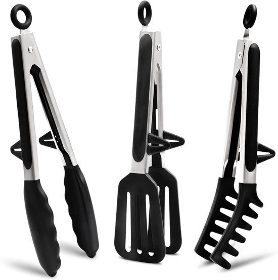 26 Cm Lange Küchenzange Aus Edelstahl, Speisezange, Pastazange, Grillzange, Silikon-küchenzange Zum Grillen, Salat, Küche (schwarz)