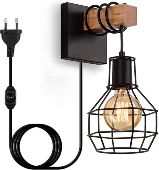 Industrielle Wandleuchte – Retro-design – Schwarz Mit Holzdetails – Dimmbar
