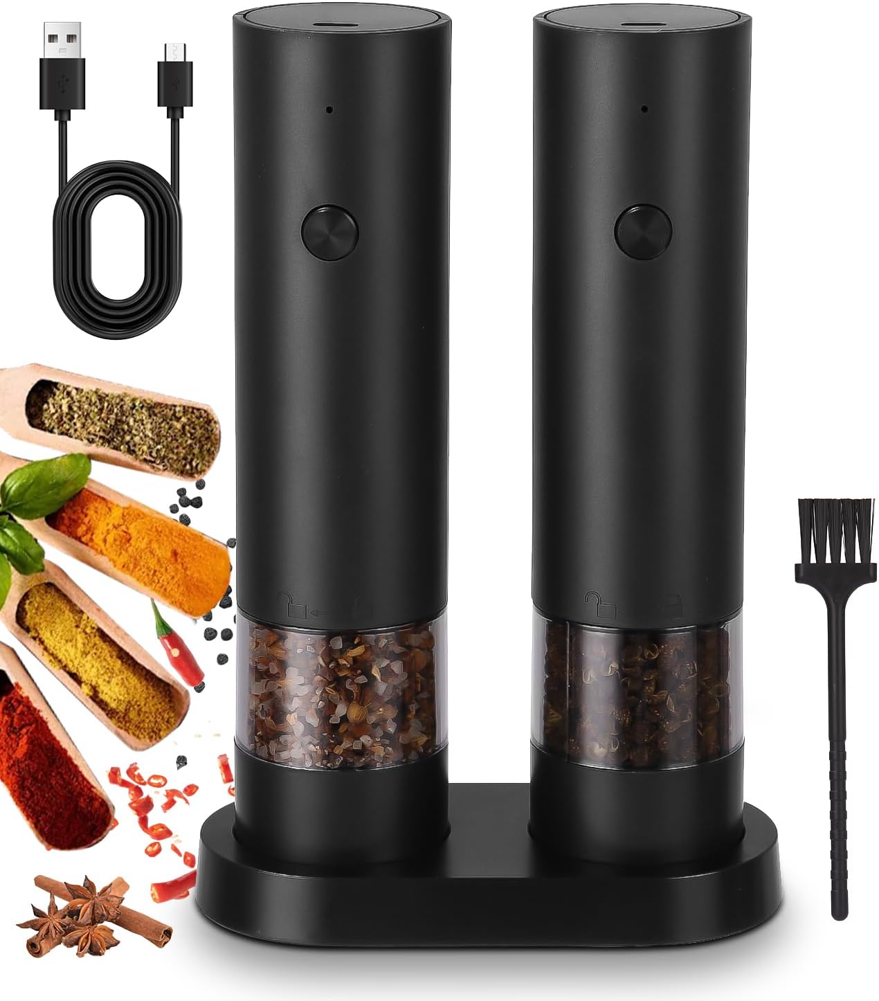 Ensemble De 2 Moulins À Sel Et À Poivre Électriques, Moulin À Poivre Automatique, Moulin À Épices À Mouture Réglable Avec Brosse De Nettoyage Et Base Pour Barbecue, Restaurant Et Cuisine.