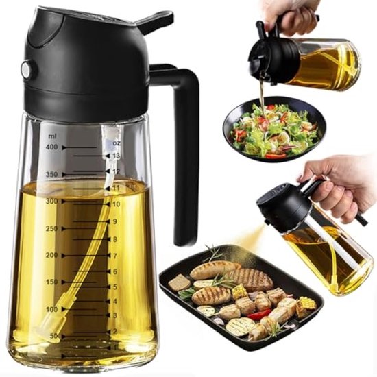 Ölspender Und Sprühflasche 2-in-1 – 470 Ml – Bpa-freies Glas – Schwarz – Für Olivenöl Und Essig – Präzise Dosierung Mit Sprühdüse