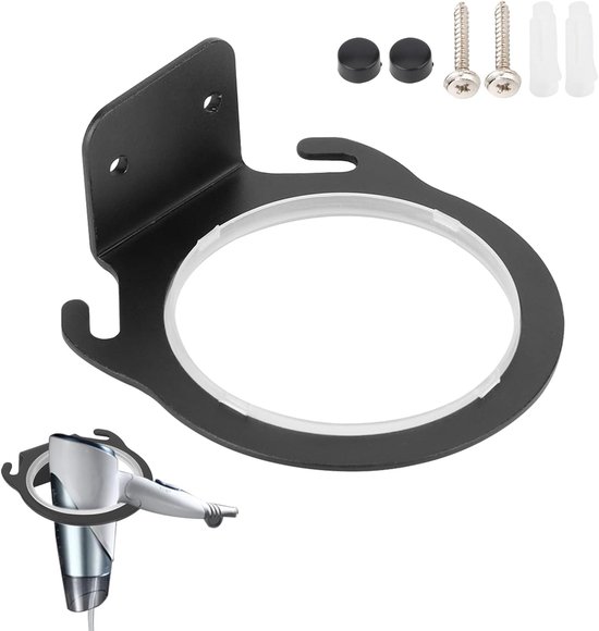 Wandmontierter Haartrocknerhalter Fürs Badezimmer, Schwarzer Haartrocknerhalter Aus Aluminium Mit Schraube Und Dichtung