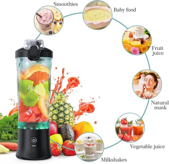 Kabelloser, Tragbarer Mixer/smoothie Maker (600 Ml) Wiederaufladbar, Für Smoothies, Säfte Und Shakes, Schwarz