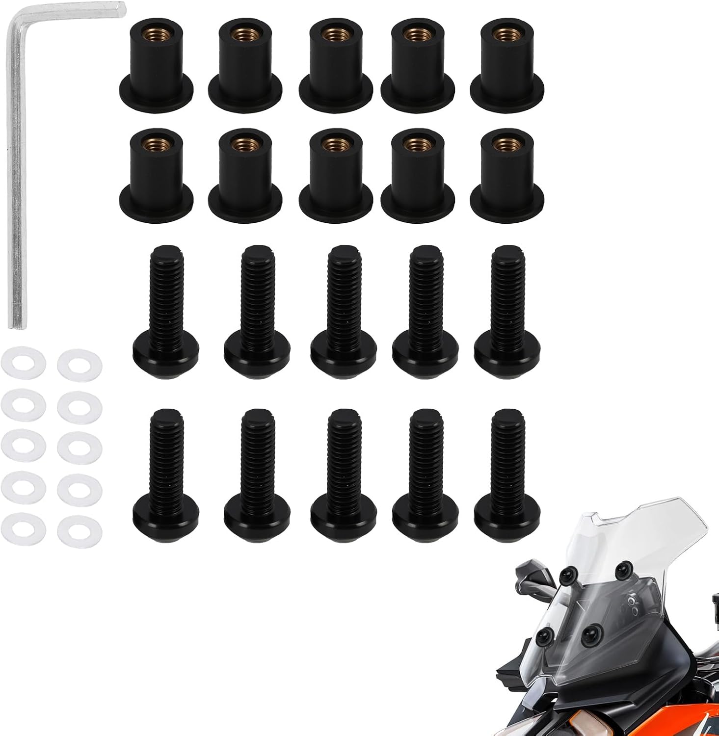 10 Stück M5 X 16 Mm Motorrad-windschutzscheibenmuttern, Komplettset Mit Muttern, Unterlegscheiben Und Sechskantschraubendreher, Kompatibel Mit Allen Motorrädern, Windschutzscheibenmuttern, Schwarz