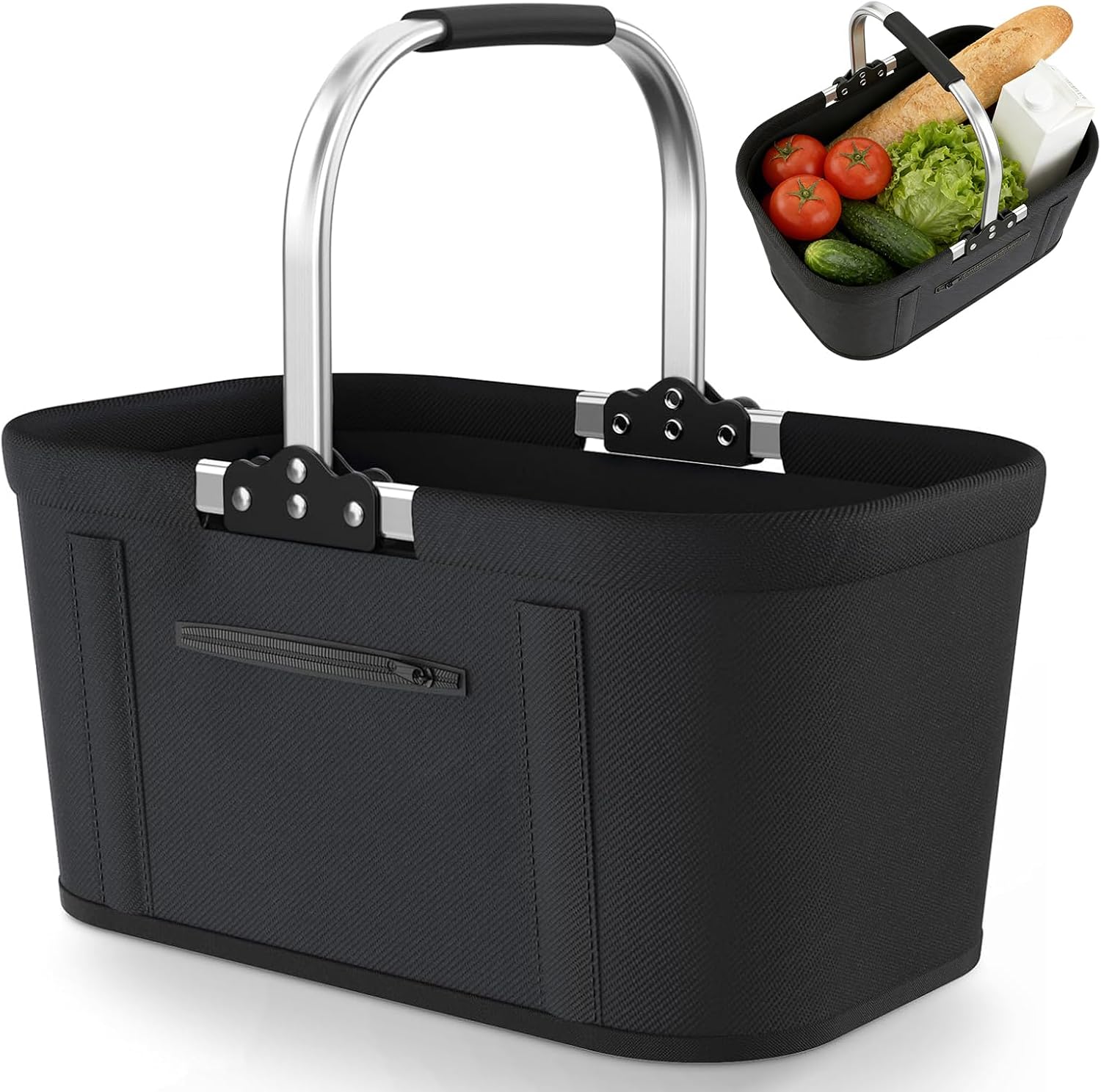 Faltbarer Einkaufskorb, 30 L, Großer Picknickkorb, Transportkorb, Praktisch Mit Aluminiumstangen, Familien-einkaufstasche Für Camping, Picknicks (schwarz)