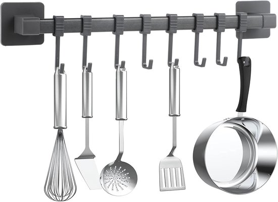 Schwarzer, Bohrfreier, Selbstklebender Und Wiederverwendbarer Küchenwandhaken Mit 8 Haken – Für Küchenutensilien Und Messer