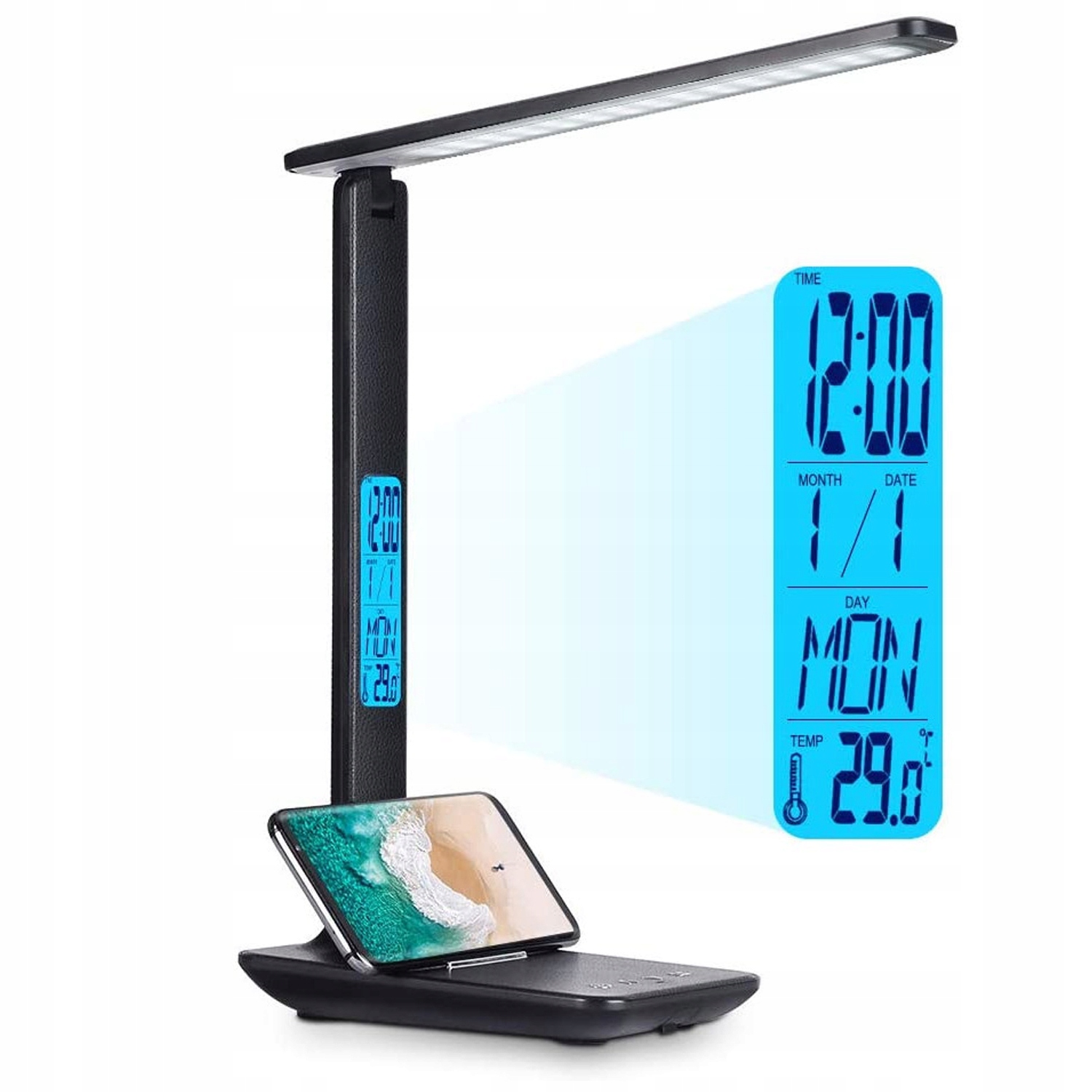 [pacza][1] Led-tischleuchte Mit Wecker Und Thermometer, 3 Farben, O252