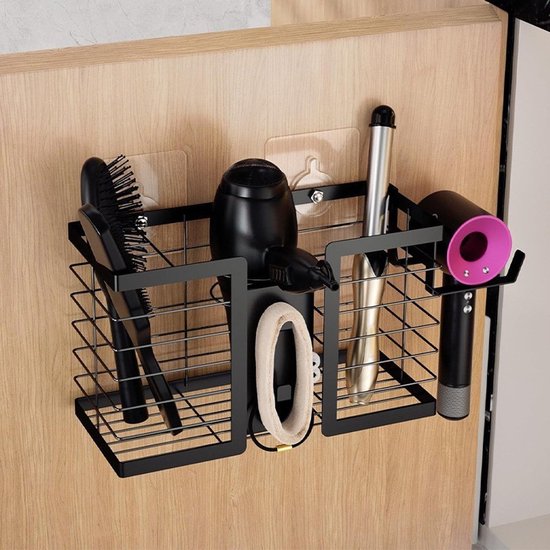 Multifunktionale Wandhalterung Für Föhn Und Lockenstab – Mit Großem Ablagefach, Haken Und Kabelhalter, Mattschwarzes Metall, Badezimmer-organizer