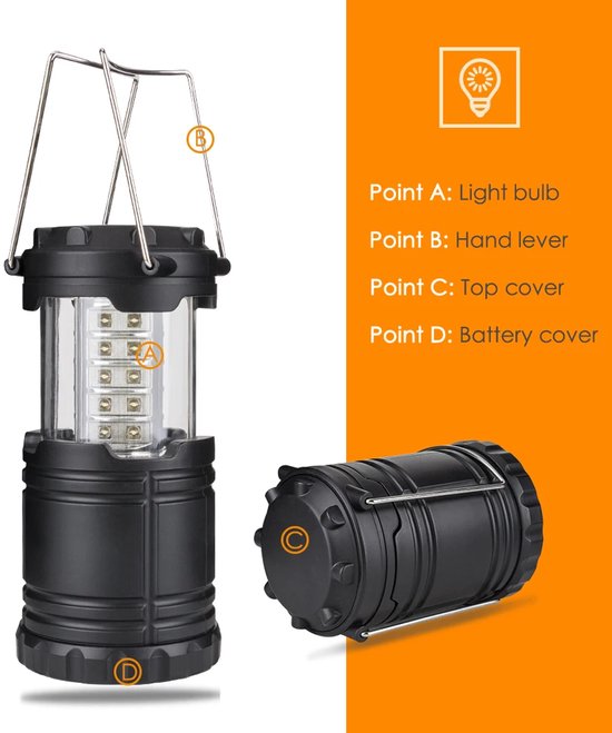 Zeltlampe Mit 30 Leds Wasserdichte Campinglampe Betrieb Mit 3 Aa-batterien Notlicht Tragbare Campinglampe Arbeitsleuchte Und Taschenlampe Schwarz