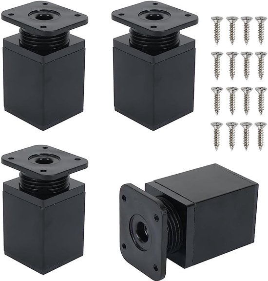 4 Schwarze, Quadratische, Verstellbare Metallfüße (5–7 Cm) – Inklusive Schrauben Für Regale, Betten Und Schreibtische