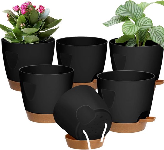 Blumentopf-set 5 Blumentöpfe Kunststoff-blumentöpfe Selbstbewässernd Mit Abfluss Und Untersetzer Für Drinnen Und Draußen Für Zimmerpflanzen 13 18