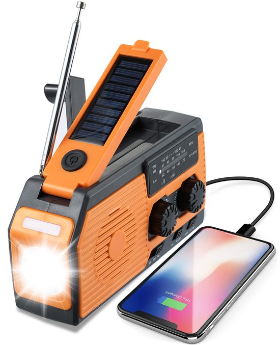 Solarbetriebenes Handradio – Notradio – Kurbelradio Mit Solarbetrieb – Kurbelradio – Mit Batterien – 5000 Mah – Schwarz Und Orange