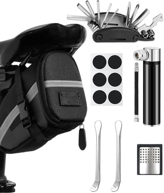Fahrradreparaturset – Fahrradwerkzeug – Reparatur Unterwegs – 16-in-1-multitool – Mit Satteltasche – Schwarz