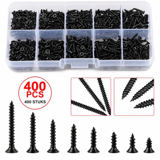 400-teiliges Set M2-blechschrauben Schwarz 8 Größen 4 Bis 20 Mm Sortiment An Holzschrauben Mit Kreuzschlitzkopf Inklusive Aufbewahrungsbox Für