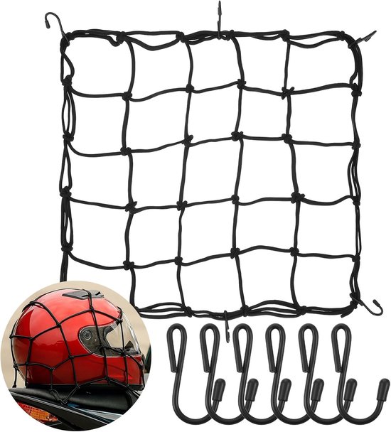 Motorrad-gepäcknetz – Fahrradkorbnetz – Sicherer Transport – Mit 6 Haken – 40 X 40 Cm – Schwarz