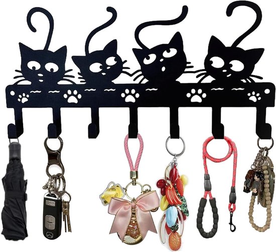 Metall-wandanhänger – Dekorativer Haken – Aufbewahrungsmöglichkeit Für Zuhause – Kreatives Katzenmotiv – 7 Haken – Schwarz