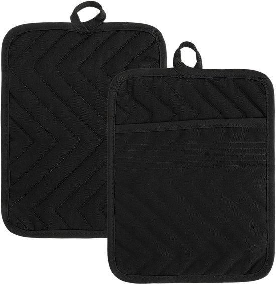 Topflappen Aus Baumwolle Mit Tasche – Hitzebeständig – 2 Stück – Schwarz – 18,5 X 22,4 Cm
