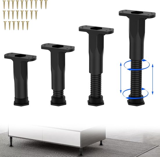 4-teiliges Set Schwarzer, Verstellbarer Möbelfüße (16-28 Cm) – Inklusive Montagezubehör, Universell Geeignet Für Schreibtische, Küchenschränke, Sofas Und Tische