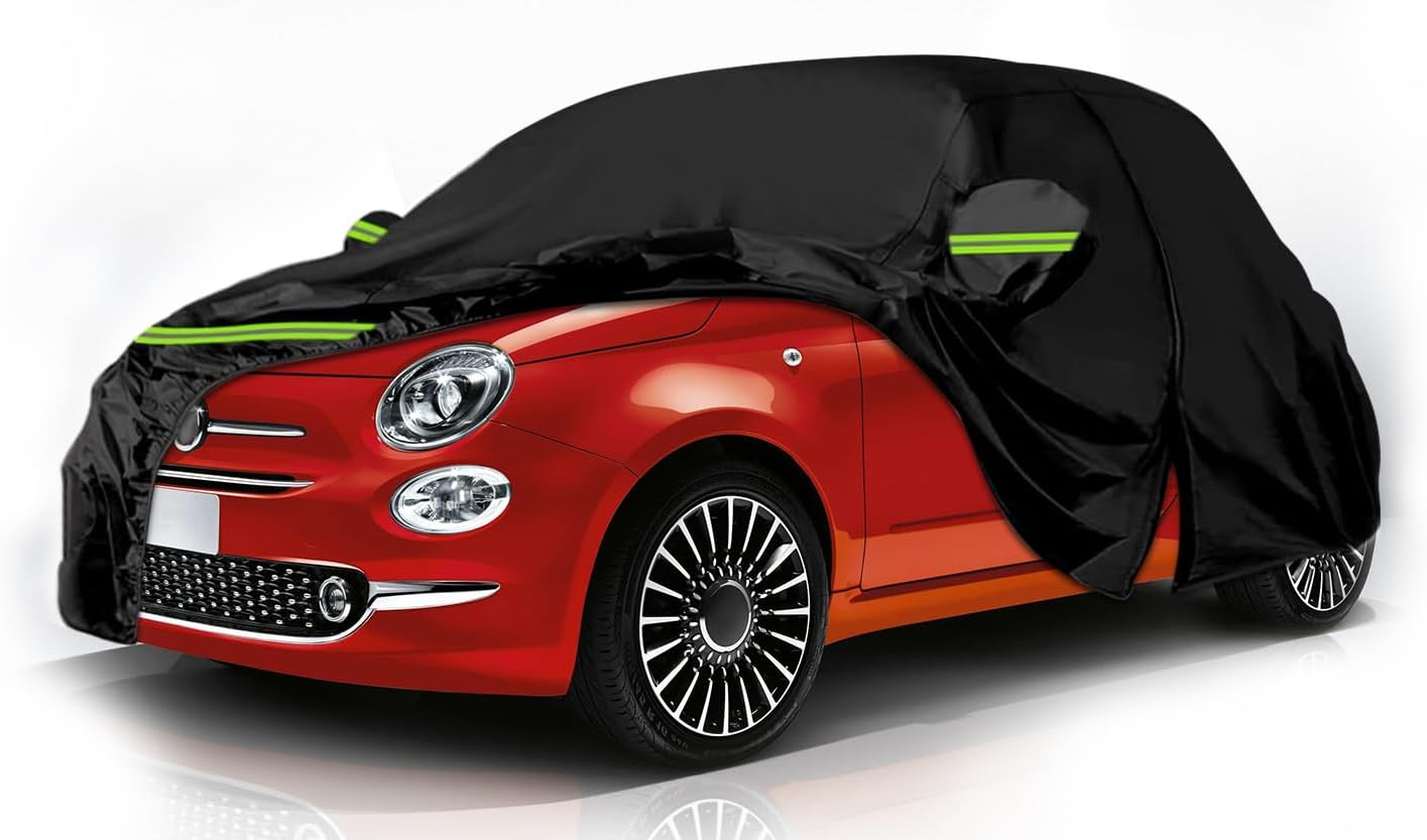 Wasserdichte Autoabdeckung Für Fiat Abarth 500 (2007–2024), Komplettabdeckung Für Die Garage, Allwetter-autoabdeckung Mit Reißverschlusstür Und Gurten